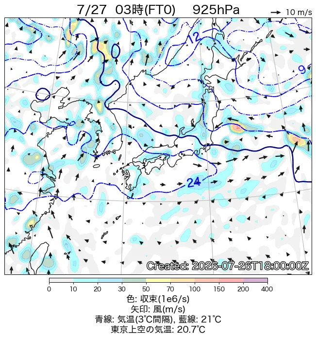 2026年7月27日の日本周辺の925hPa天気図（3時）