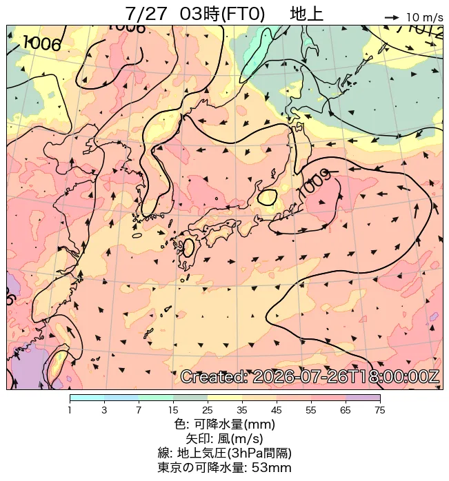2026年7月27日の日本周辺の地上天気図（3時）