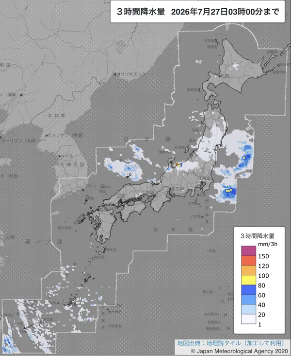 2026年7月27日0〜3時の日本周辺の3時間解析降水量