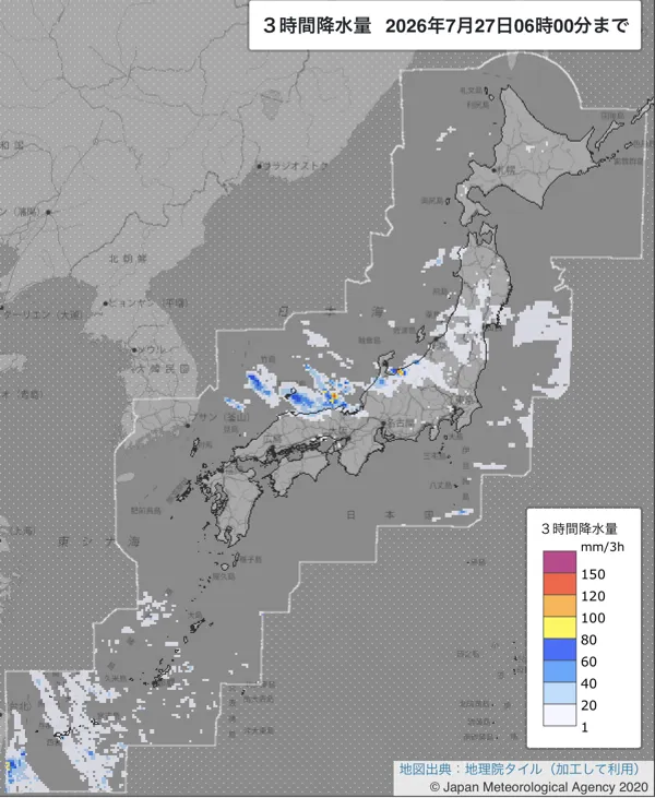 2026年7月27日3〜6時の日本周辺の3時間解析降水量
