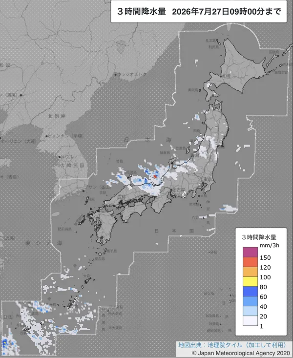 2026年7月27日6〜9時の日本周辺の3時間解析降水量