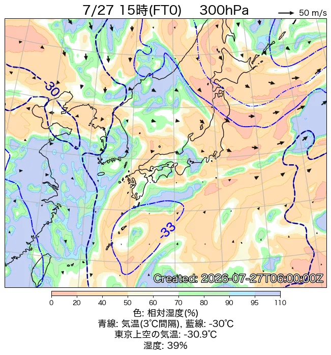 2026年7月27日の日本周辺の300hPa天気図（15時）