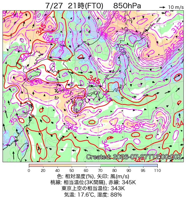 2026年7月27日の日本周辺の850hPa天気図（21時）
