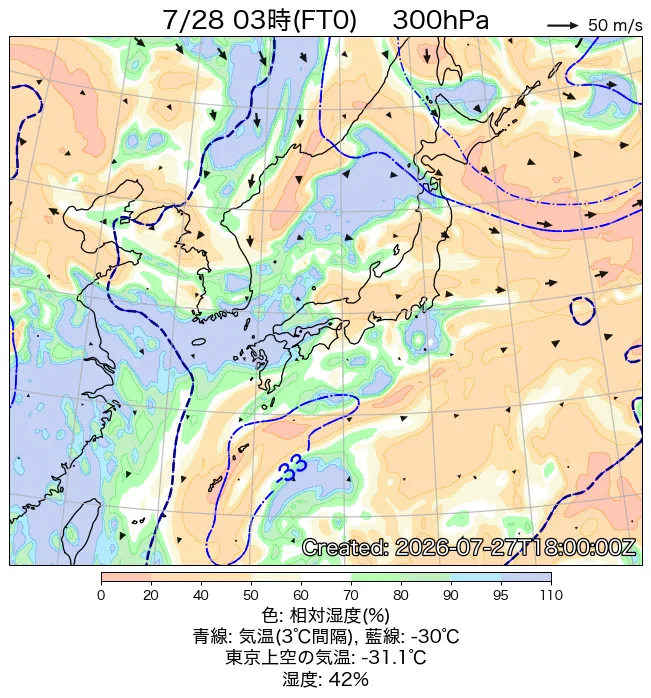 2026年7月28日の日本周辺の300hPa天気図（3時）