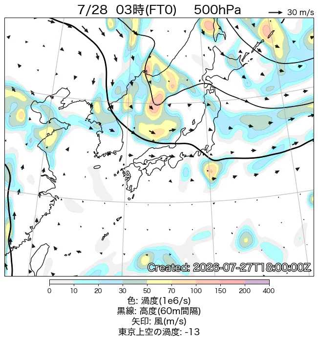 2026年7月28日の日本周辺の500hPa天気図（3時）