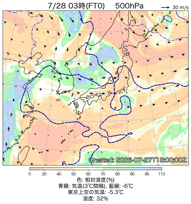 2026年7月28日の日本周辺の500hPa天気図（3時）