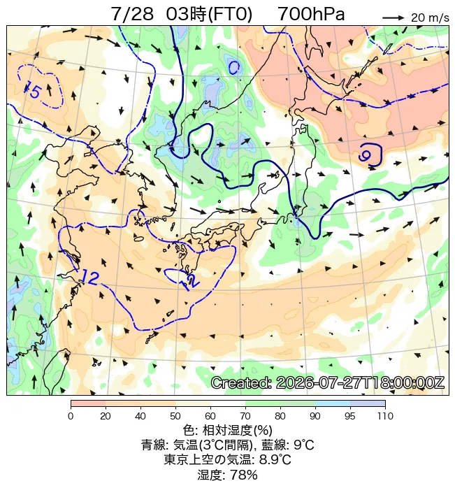 2026年7月28日の日本周辺の700hPa天気図（3時）