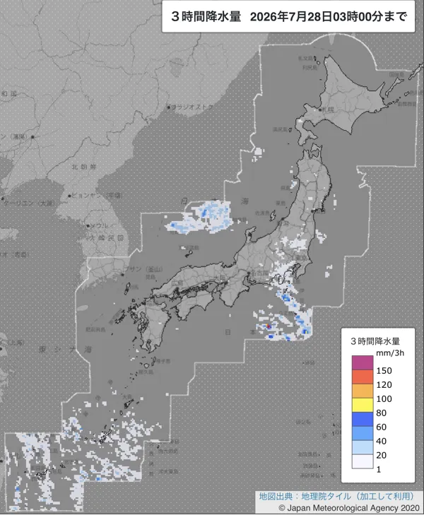 2026年7月28日0〜3時の日本周辺の3時間解析降水量