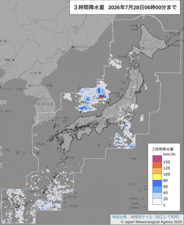 2026年7月28日3〜6時の日本周辺の3時間解析降水量
