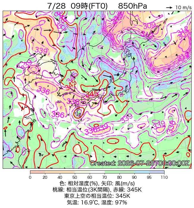 2026年7月28日の日本周辺の850hPa天気図（9時）