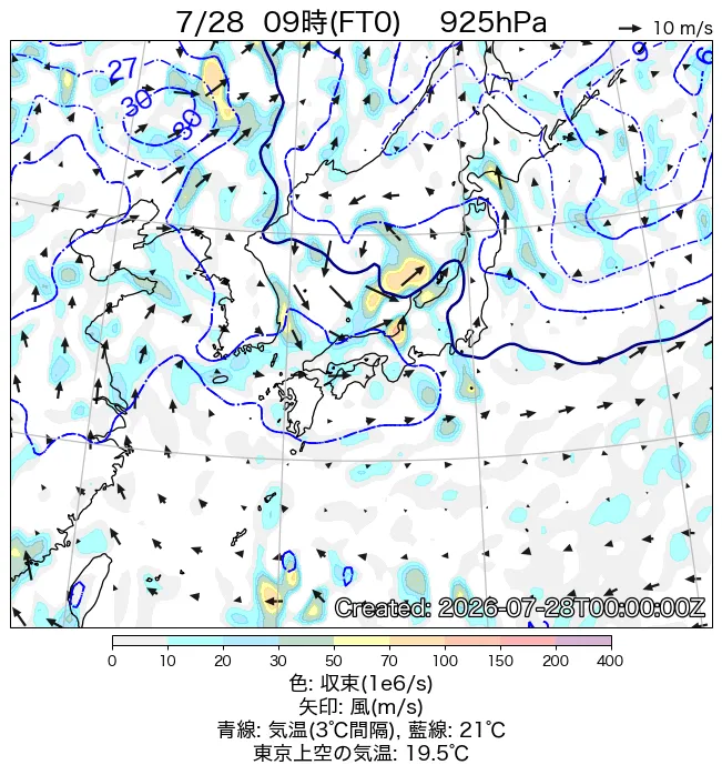 2026年7月28日の日本周辺の925hPa天気図（9時）