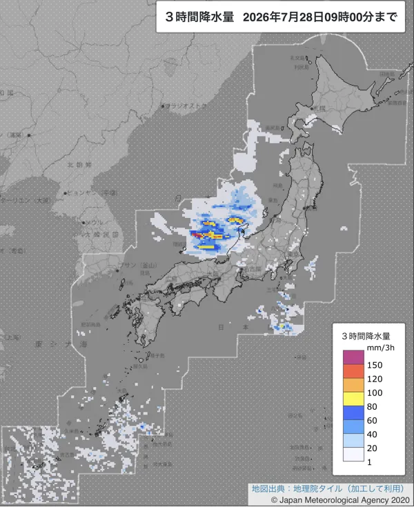2026年7月28日6〜9時の日本周辺の3時間解析降水量