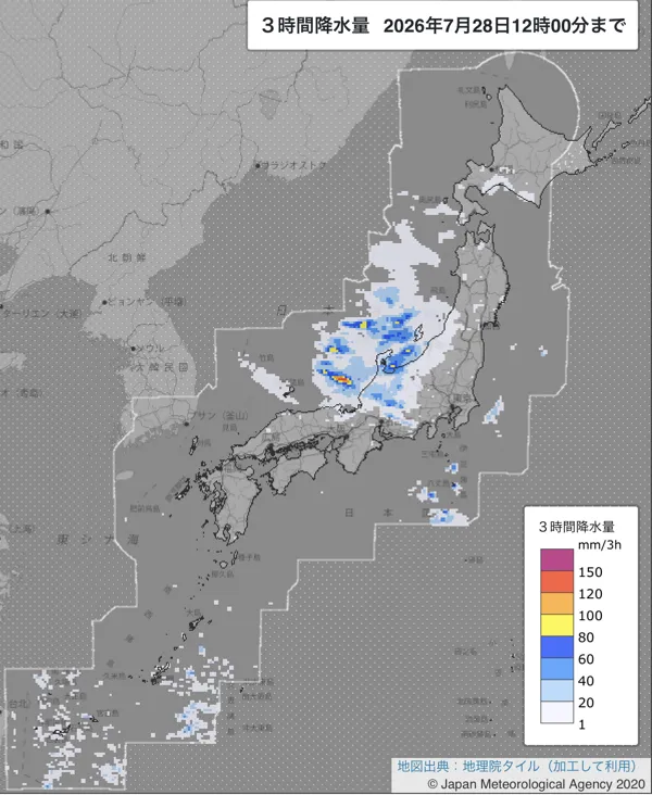 2026年7月28日9〜12時の日本周辺の3時間解析降水量