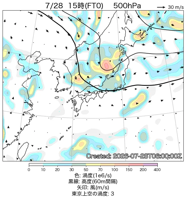 2026年7月28日の日本周辺の500hPa天気図（15時）