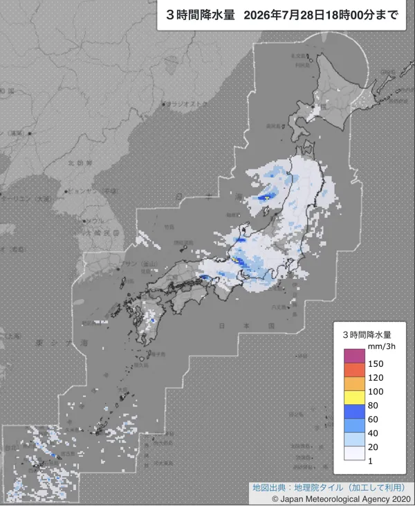 2026年7月28日15〜18時の日本周辺の3時間解析降水量