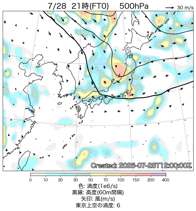 2026年7月28日の日本周辺の500hPa天気図（21時）