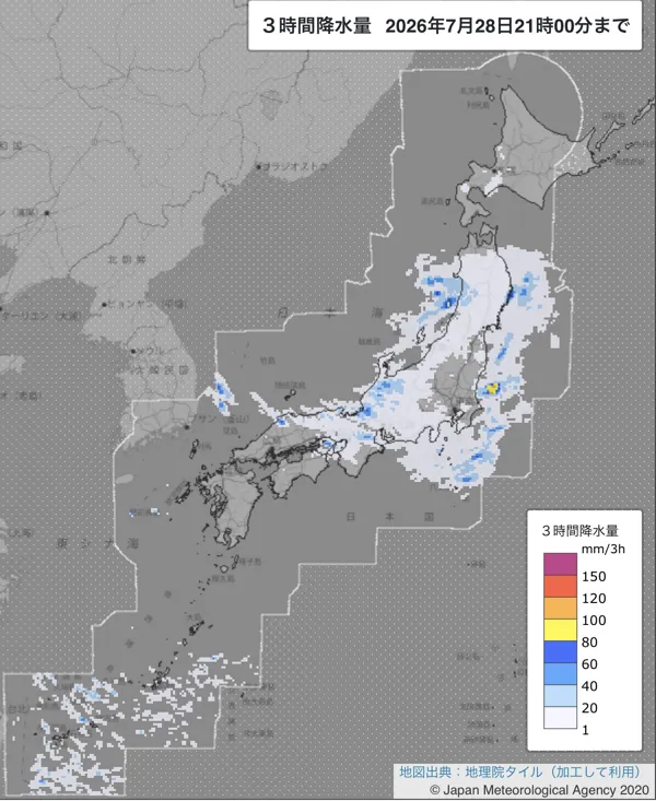 2026年7月28日18〜21時の日本周辺の3時間解析降水量