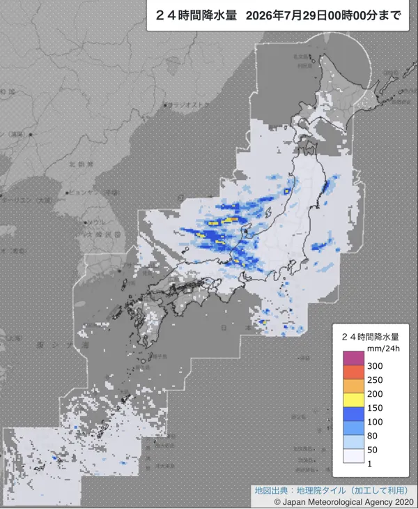 2026年7月28日の日本周辺の日解析雨量の図