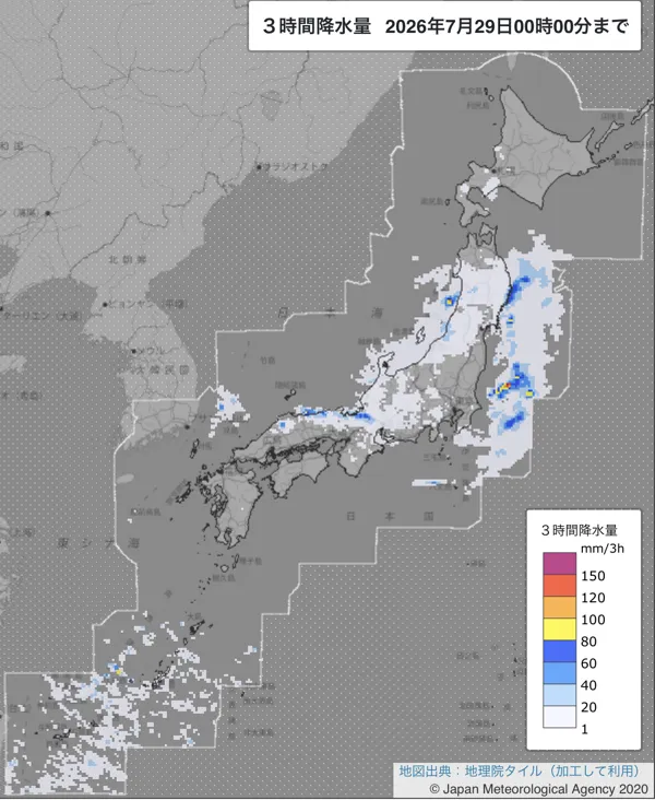 2026年7月28日21〜24時の日本周辺の3時間解析降水量