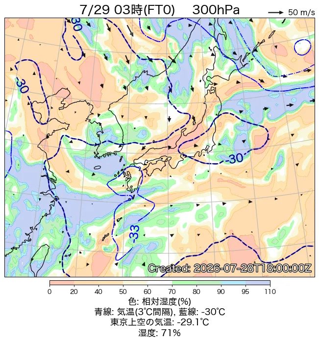 2026年7月29日の日本周辺の300hPa天気図（3時）
