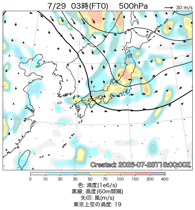 2026年7月29日の日本周辺の500hPa天気図（3時）