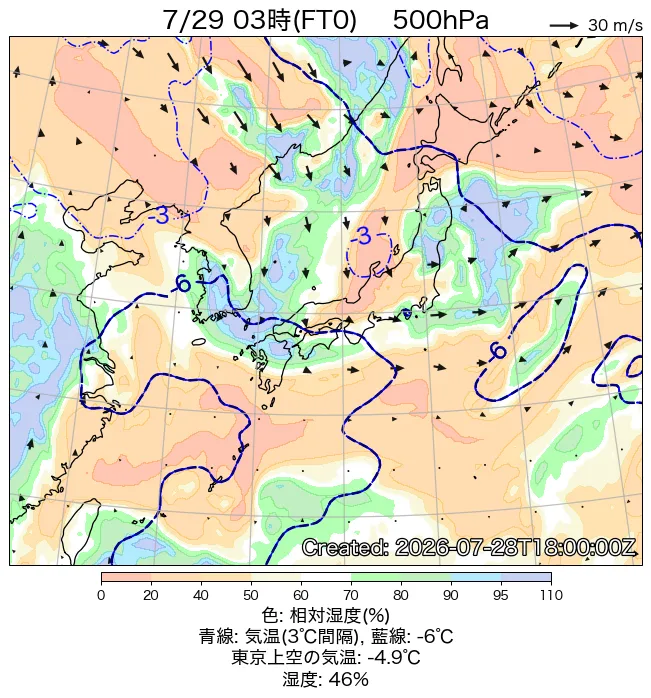 2026年7月29日の日本周辺の500hPa天気図（3時）