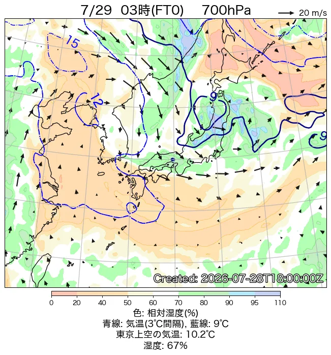 2026年7月29日の日本周辺の700hPa天気図（3時）