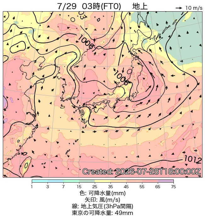 2026年7月29日の日本周辺の地上天気図（3時）