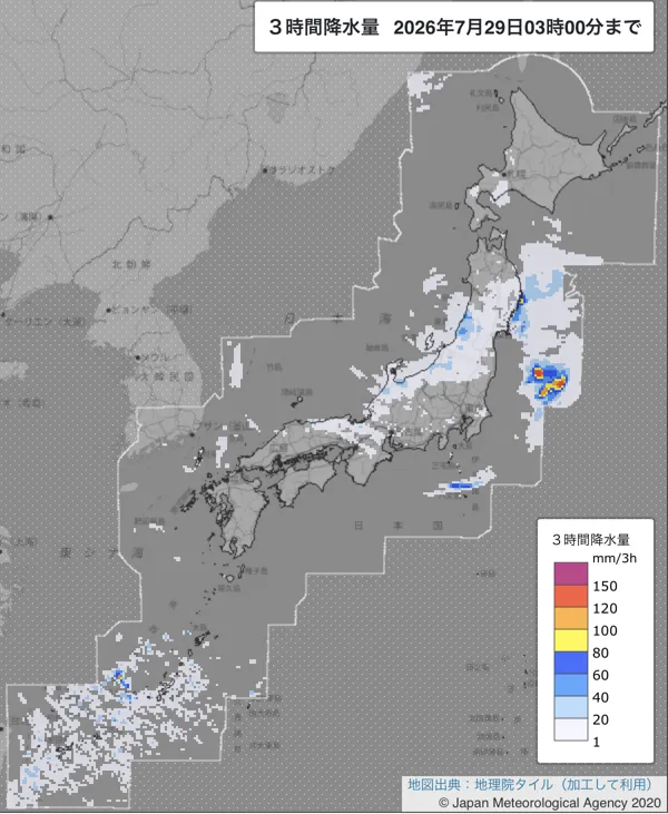2026年7月29日0〜3時の日本周辺の3時間解析降水量