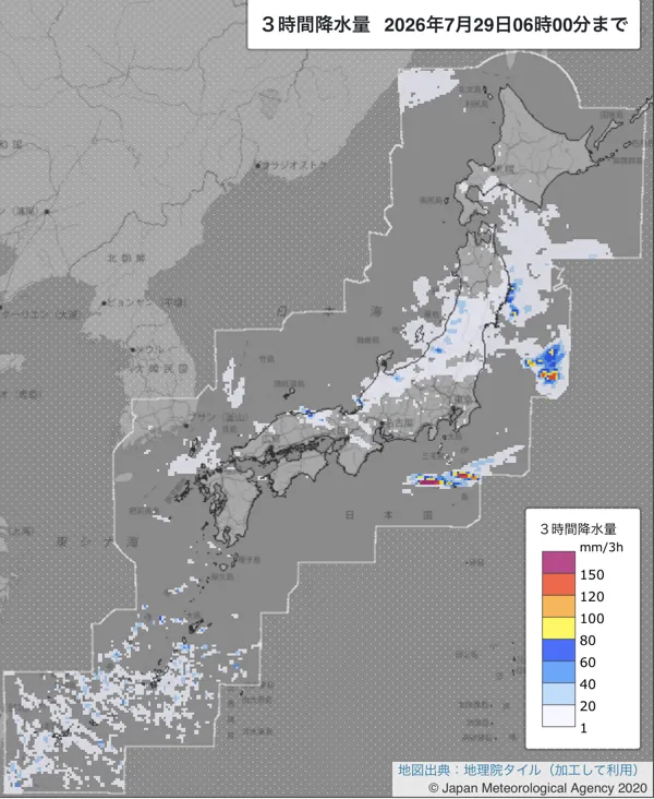 2026年7月29日3〜6時の日本周辺の3時間解析降水量