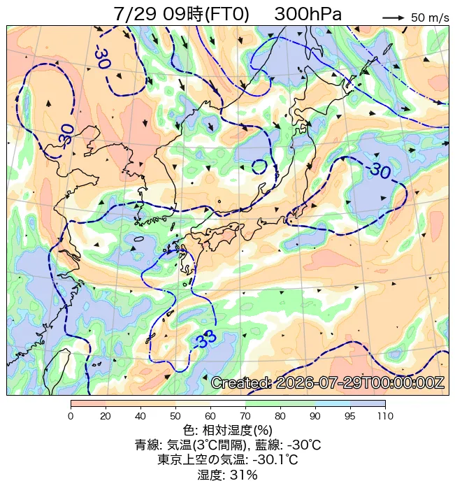 2026年7月29日の日本周辺の300hPa天気図（9時）