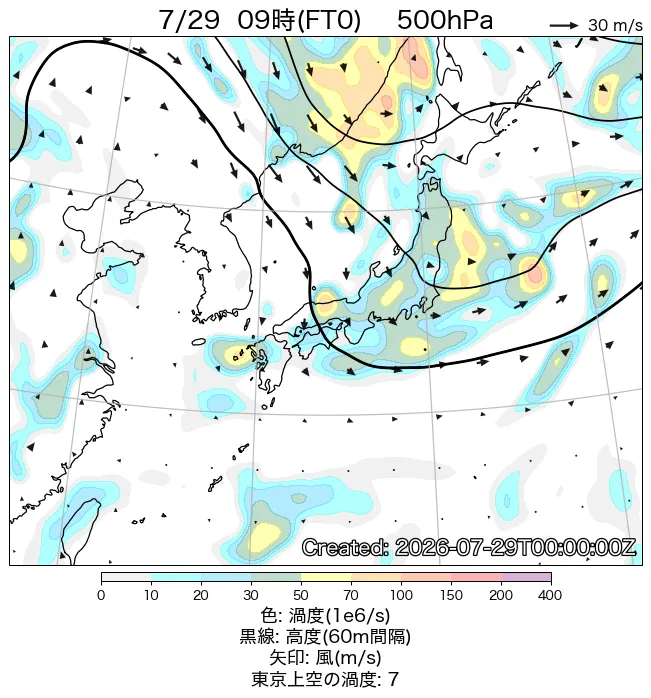 2026年7月29日の日本周辺の500hPa天気図（9時）