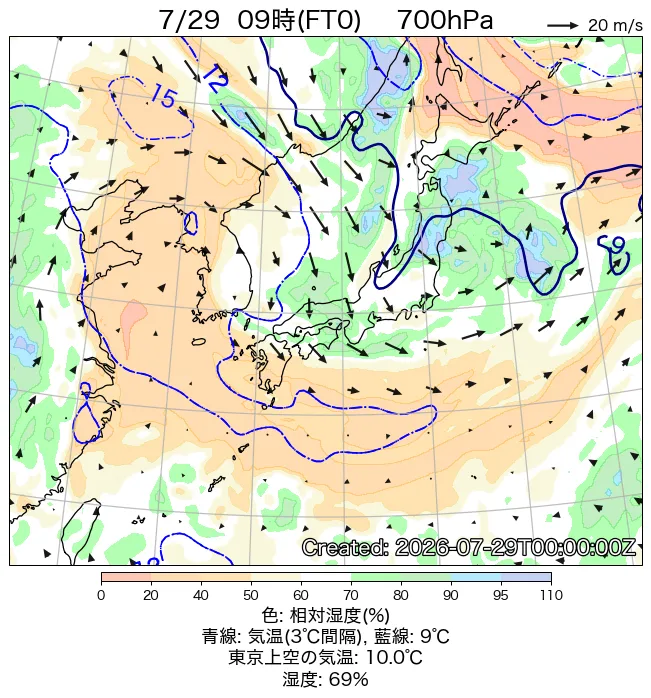 2026年7月29日の日本周辺の700hPa天気図（9時）