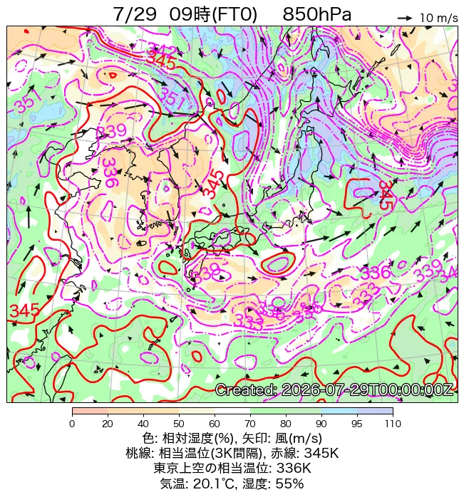 2026年7月29日の日本周辺の850hPa天気図（9時）
