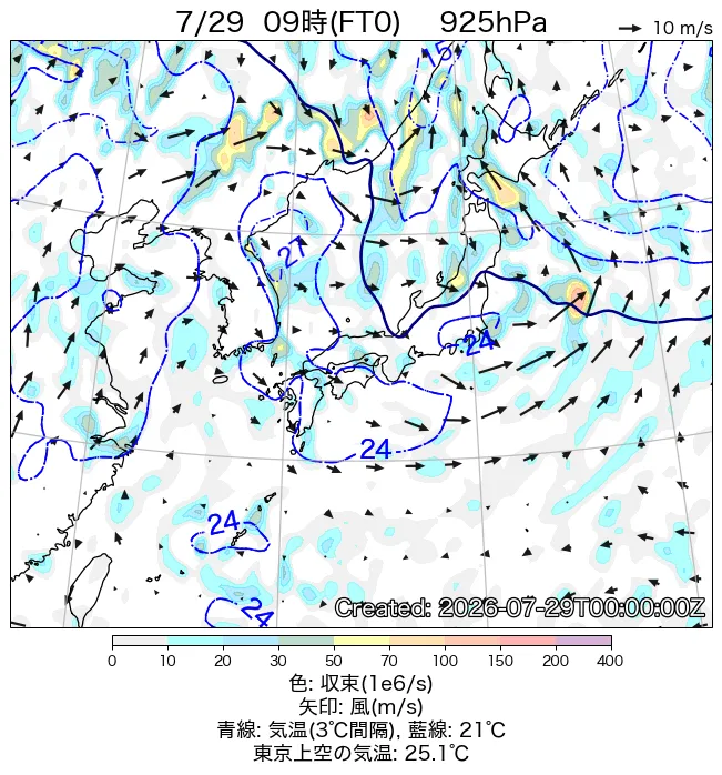 2026年7月29日の日本周辺の925hPa天気図（9時）