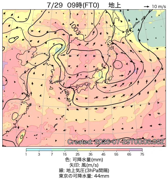 2026年7月29日の日本周辺の地上天気図（9時）