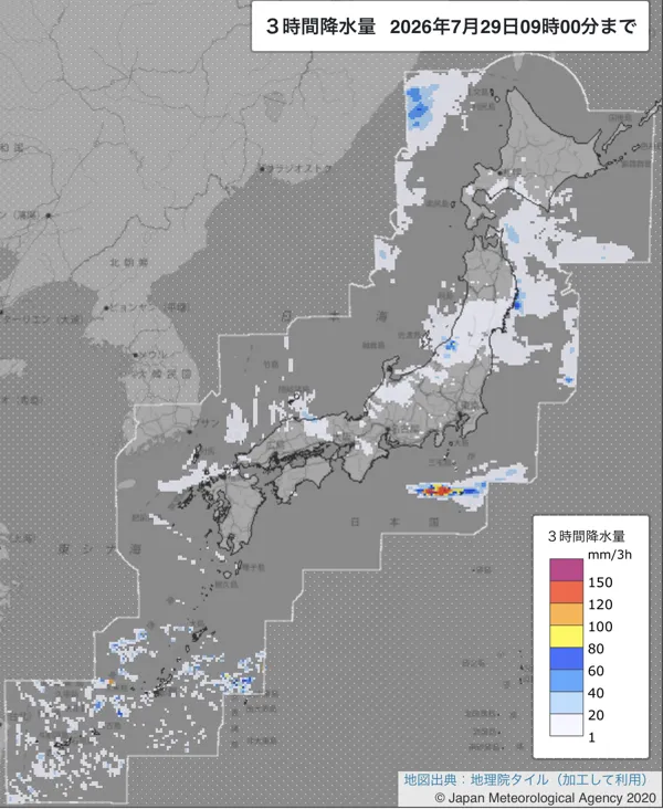 2026年7月29日6〜9時の日本周辺の3時間解析降水量