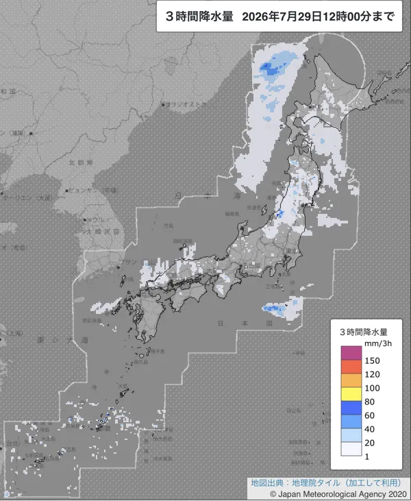 2026年7月29日9〜12時の日本周辺の3時間解析降水量