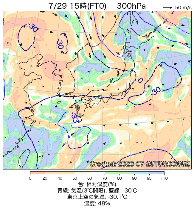 2026年7月29日の日本周辺の300hPa天気図（15時）