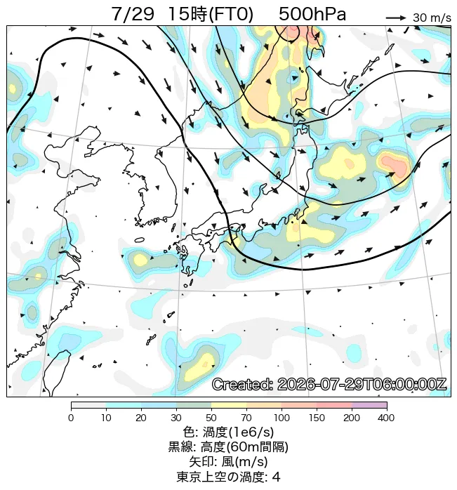 2026年7月29日の日本周辺の500hPa天気図（15時）