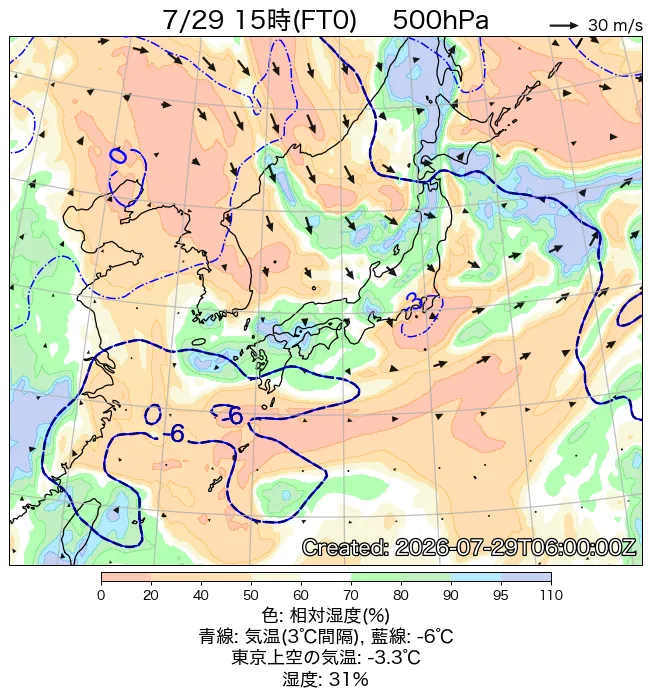 2026年7月29日の日本周辺の500hPa天気図（15時）