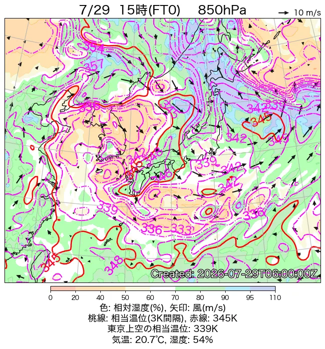 2026年7月29日の日本周辺の850hPa天気図（15時）