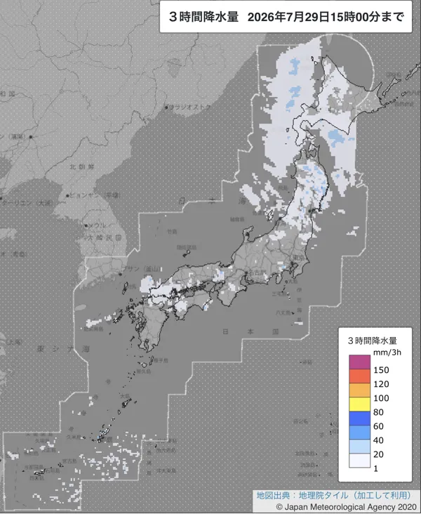 2026年7月29日12〜15時の日本周辺の3時間解析降水量