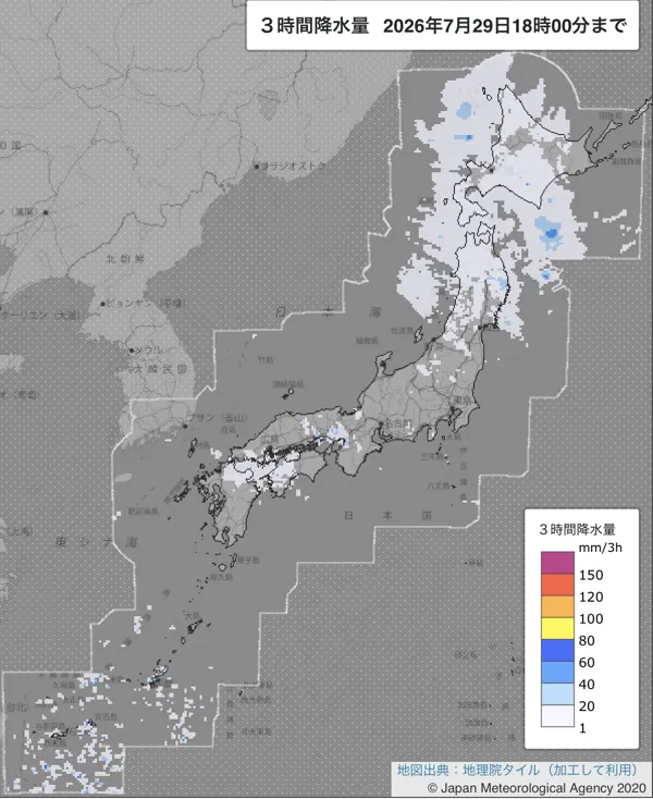 2026年7月29日15〜18時の日本周辺の3時間解析降水量