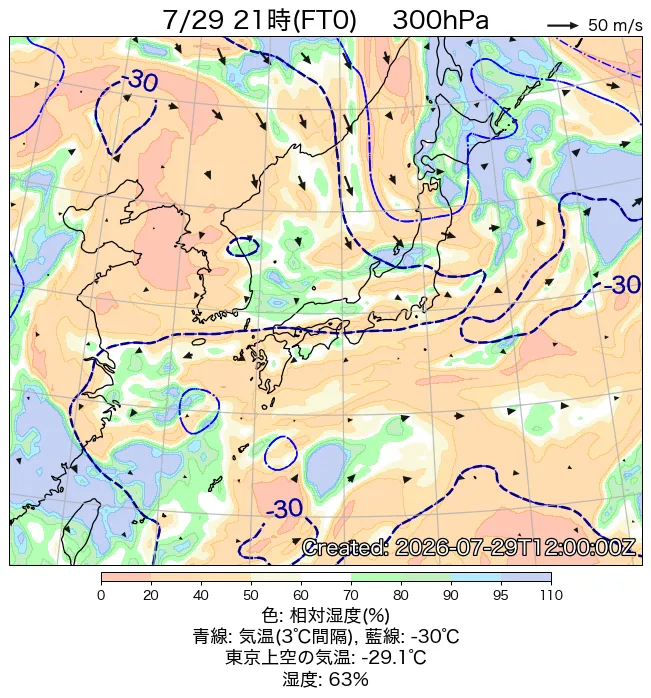 2026年7月29日の日本周辺の300hPa天気図（21時）