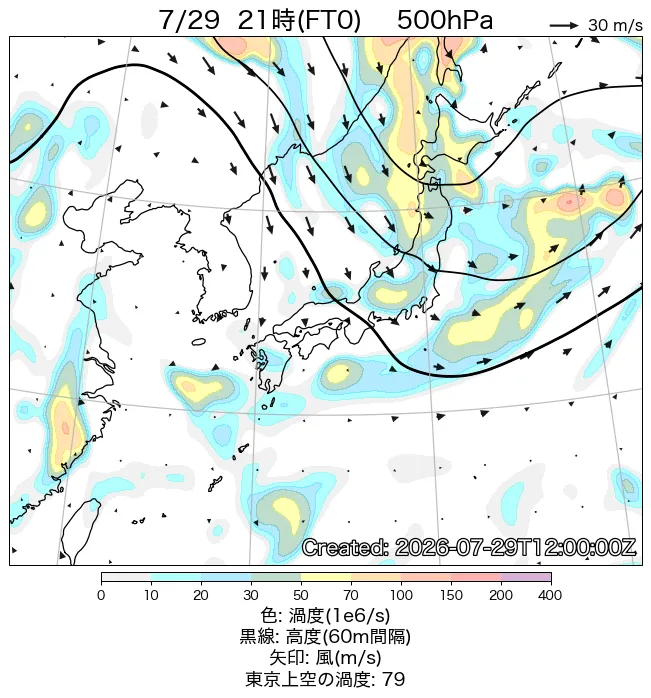 2026年7月29日の日本周辺の500hPa天気図（21時）