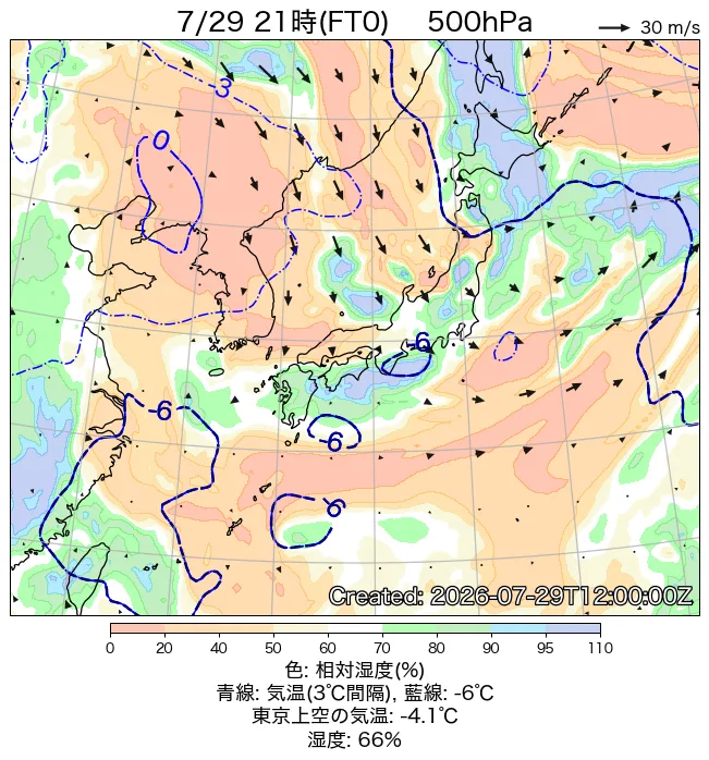 2026年7月29日の日本周辺の500hPa天気図（21時）