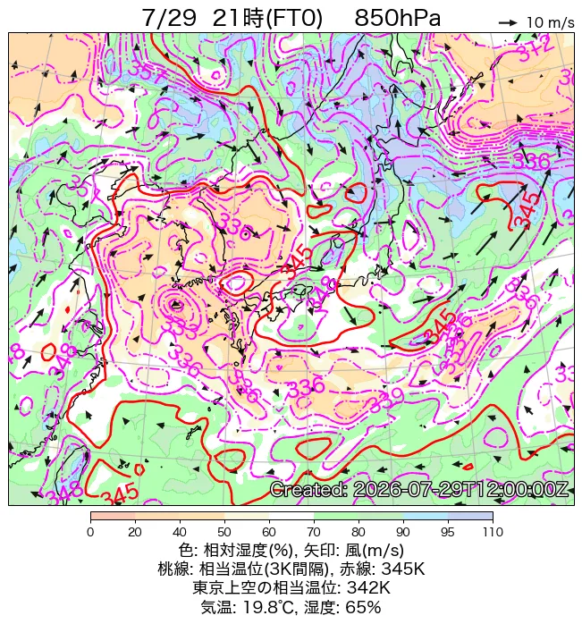 2026年7月29日の日本周辺の850hPa天気図（21時）