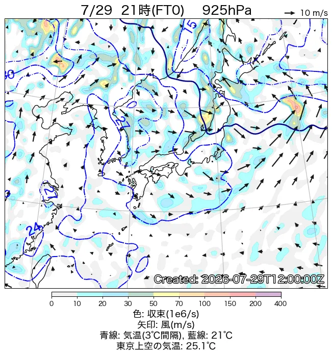 2026年7月29日の日本周辺の925hPa天気図（21時）