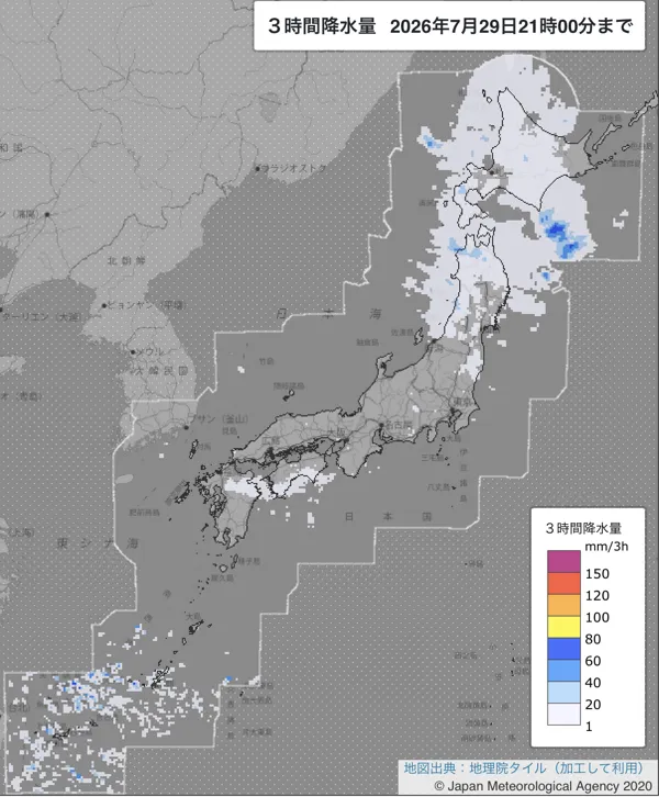 2026年7月29日18〜21時の日本周辺の3時間解析降水量